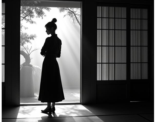 Kageboshi Lensのプロの日本人写真家が日本の伝統的な庭園でポーズをとっている様子