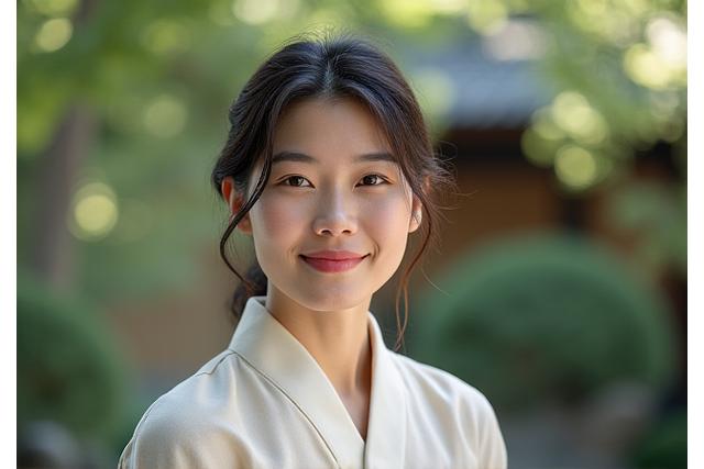日本の庭園で自然な笑顔を見せる女性のポートレート