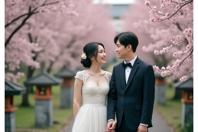 日本の美しい風景の中で新婚夫婦が手をつないでいる写真